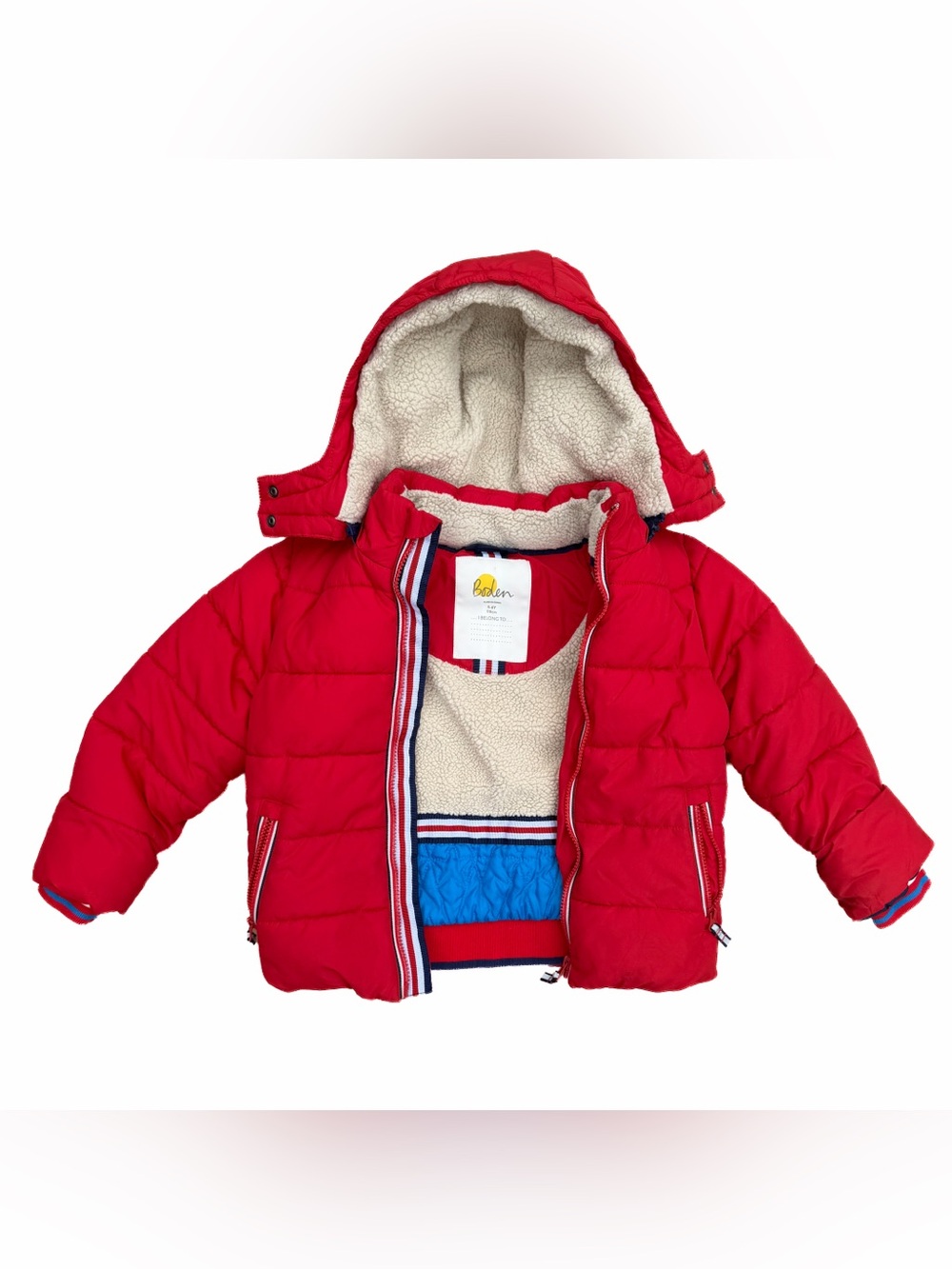 Mini Boden Red Sherpa Lined Cosy Puffer Winter Jacket Coat 5-6Y Boy Girl Unisex